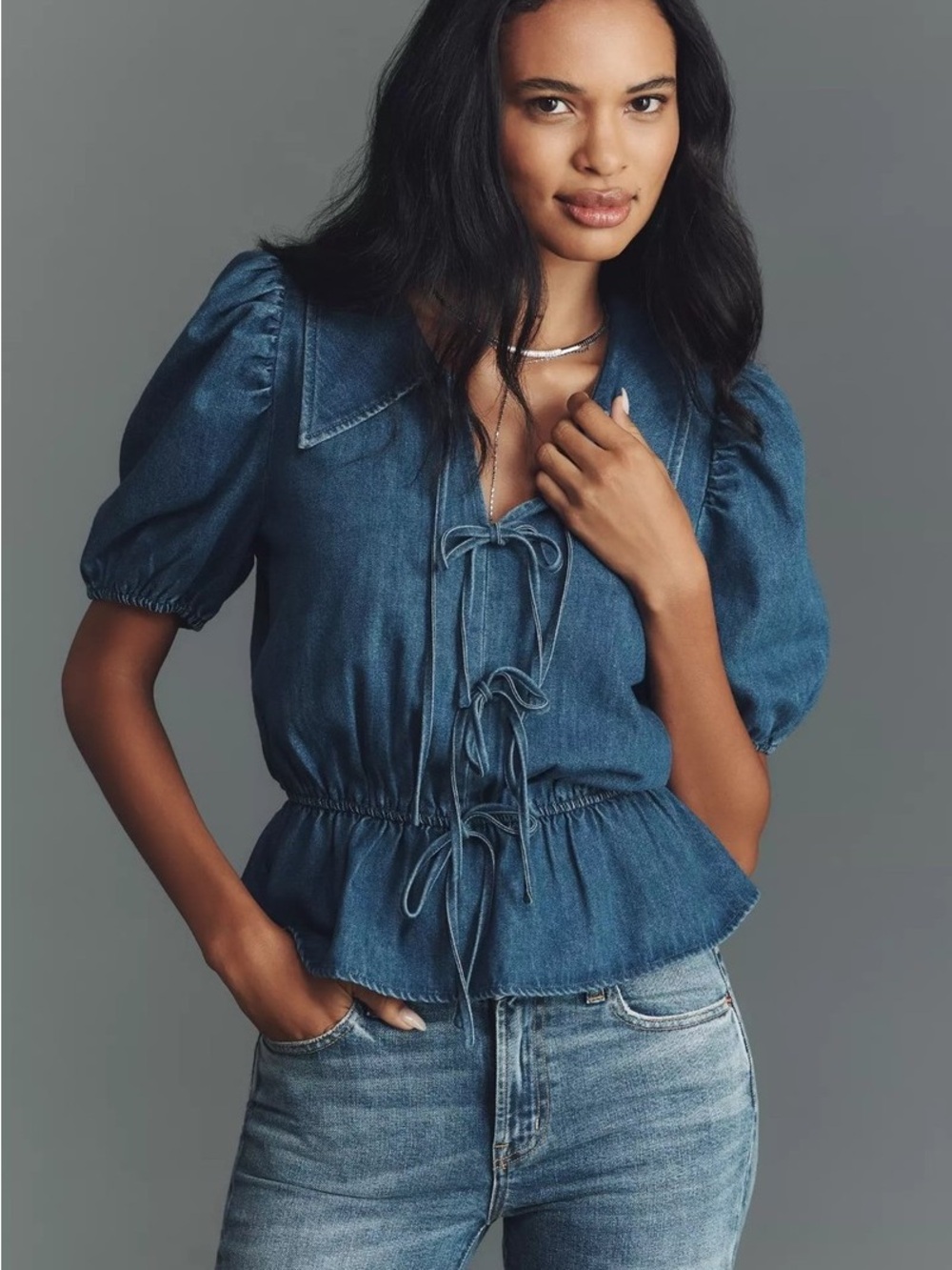 NWT Mare Mare Denim Tie-Front Peplum Blouse - Blue